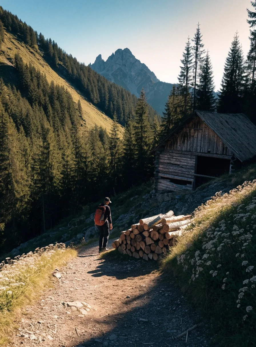 Schmaler Almweg mit Holzhütte und Holzstapel in den österreichischen Alpen