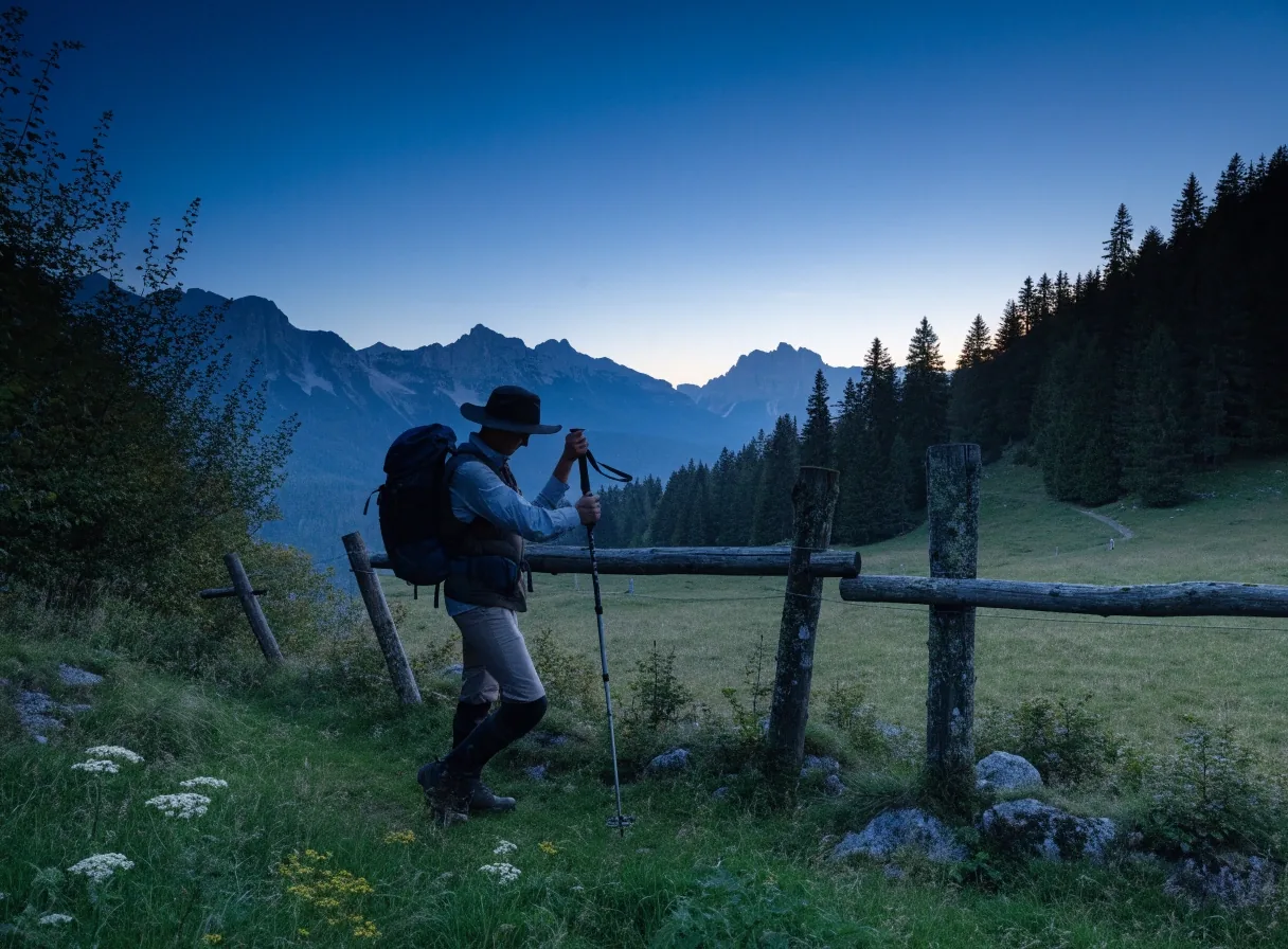 Wanderweg-Einstieg in den österreichischen Alpen in der Abenddämmerung