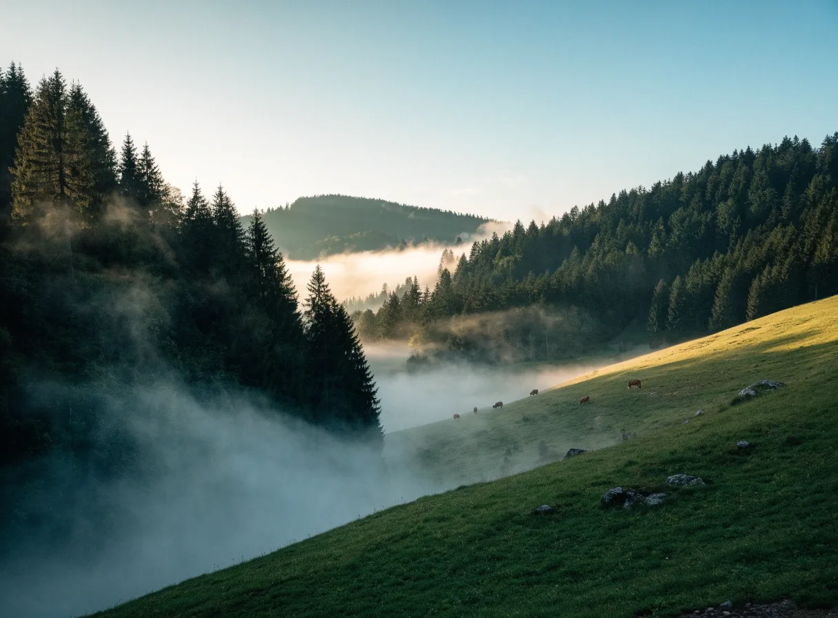 Weites österreichisches Tal zwischen bewaldeten Hängen im Morgenlicht