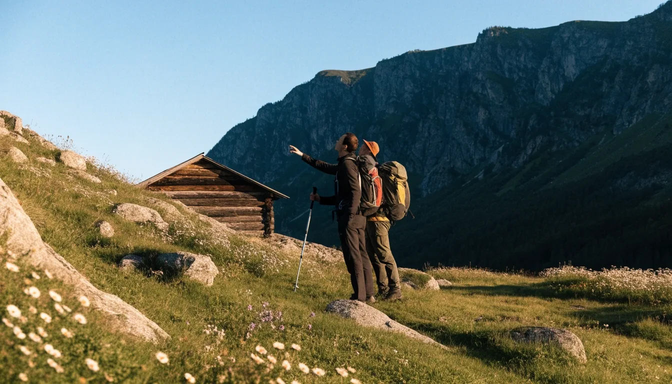 Zwei Wanderer vergleichen auf einer Bergwiese die gedruckte topografische Karte mit dem Gelände