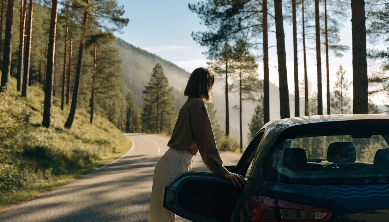 Frau plant eine Route am Fahrzeug auf einer Waldstraße in Österreich