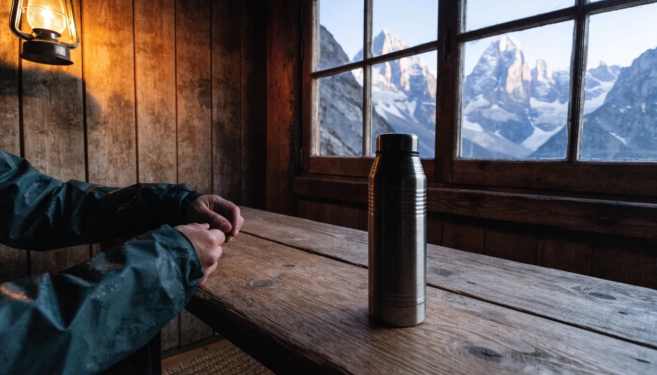 Ausgebreitete Wanderkarten und Handgerät auf einem Holztisch in einer Berghütte