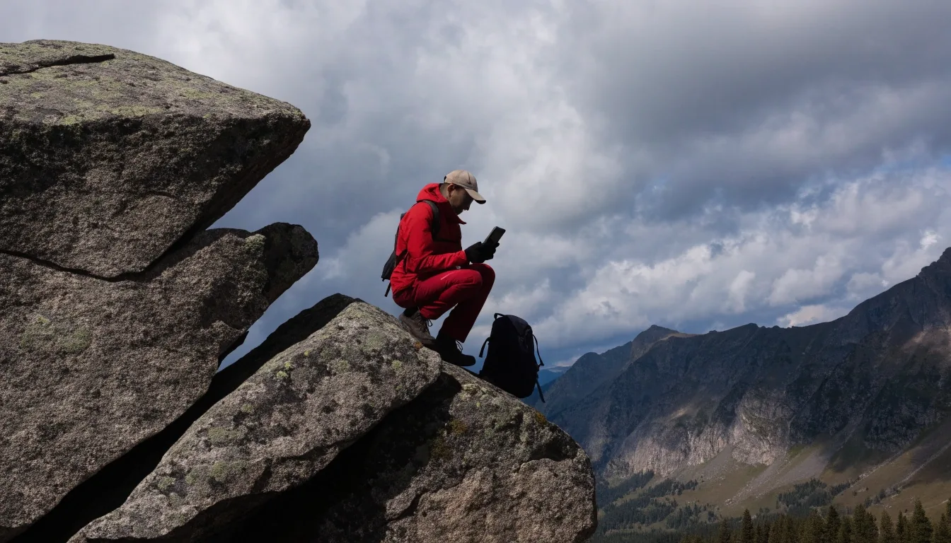 Wanderer mit Handgerät oberhalb der Baumgrenze beim Prüfen der Route