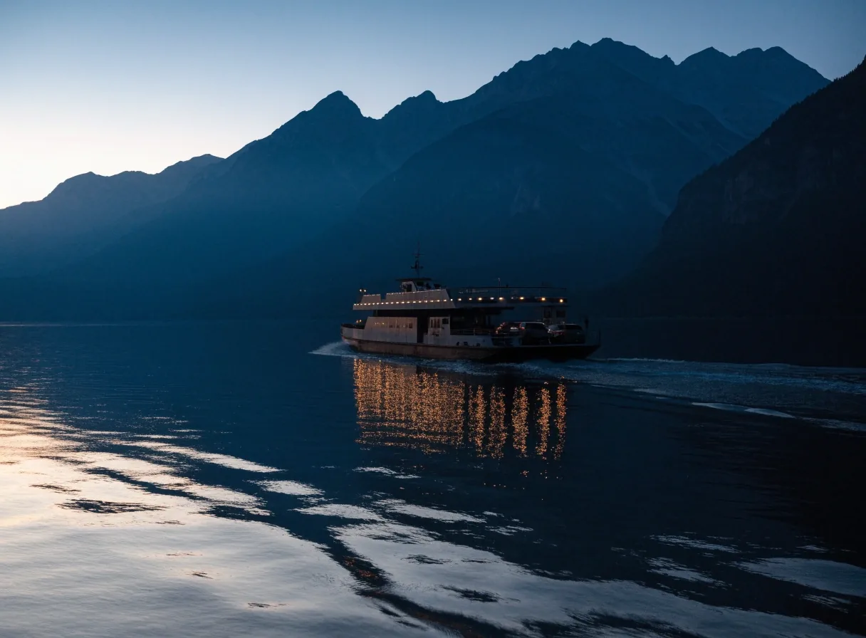 Autofähre auf einem österreichischen See in der blauen Stunde mit Bergsilhouetten