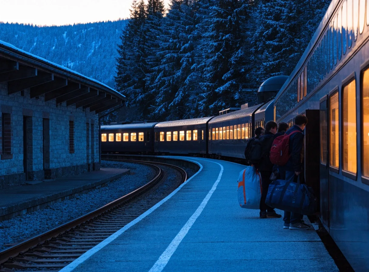 Regionalzug bei Dämmerung an einem kleinen Bahnhof im österreichischen Tal