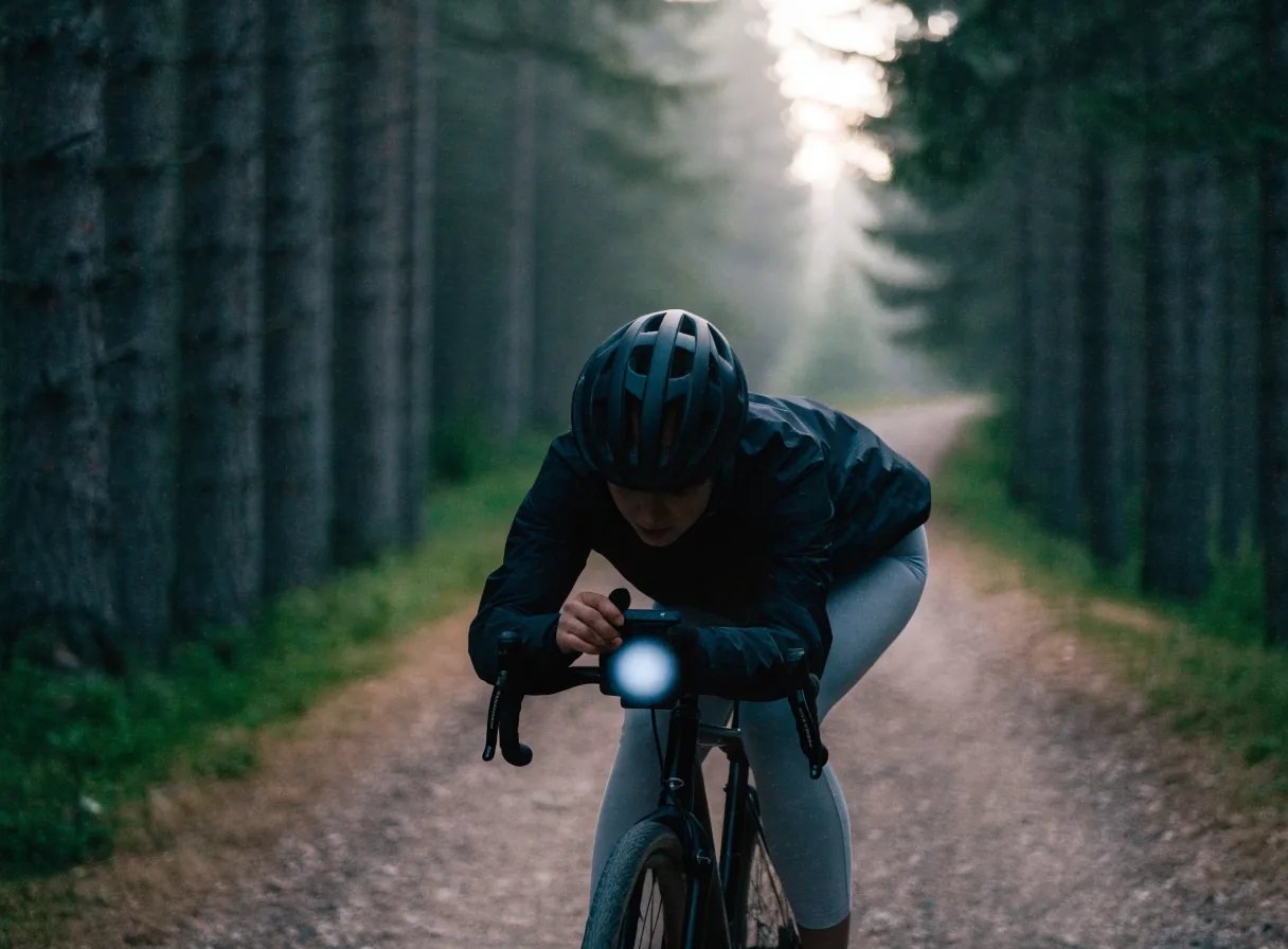 Radfahrerin auf einer Schotterstraße prüft ein kleines Navigationsgerät am Lenker