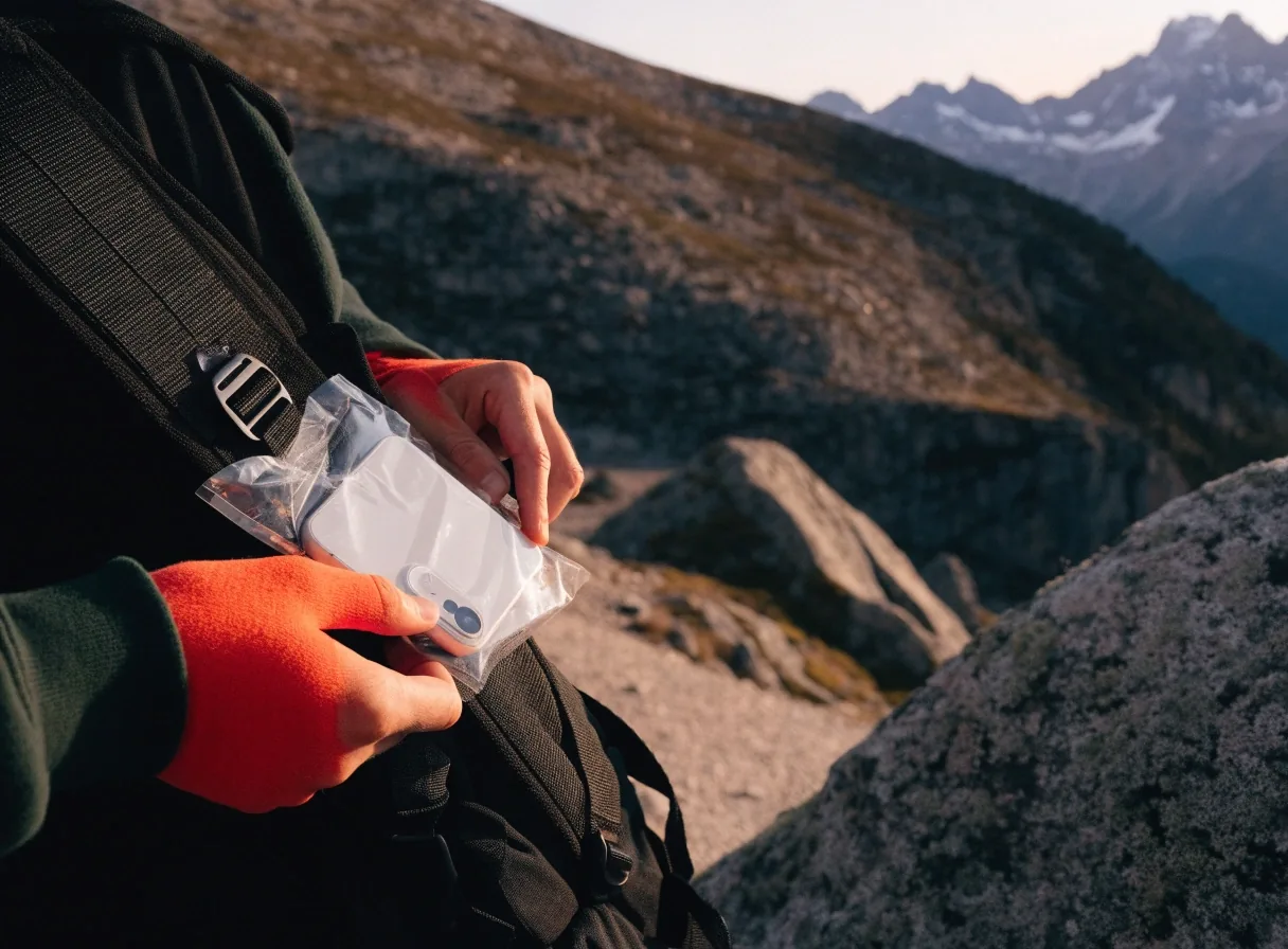 Wanderin auf einem Gratweg in den österreichischen Alpen prüft Karte und Telefon bei Dämmerung