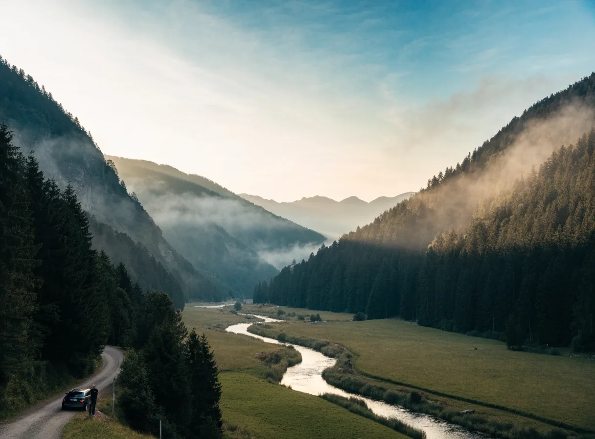 Weites Alpental am frühen Morgen mit Straße, Wiesen und Nebel über dem Fluss