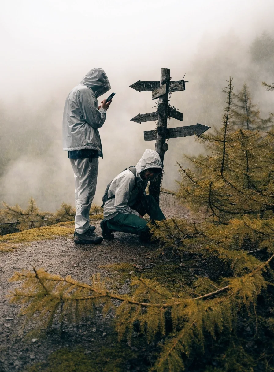 Zwei Wanderer bei Regen prüfen Karte und Smartphone an einem Wegweiser im Bergwald