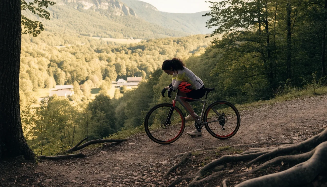 Radfahrerin auf einem Schotterweg plant die Weiterfahrt über dem Tal in den Voralpen