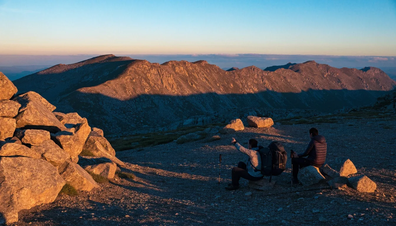 Zwei Wanderer rasten auf einem Hochplateau bei Sonnenuntergang und besprechen die Route