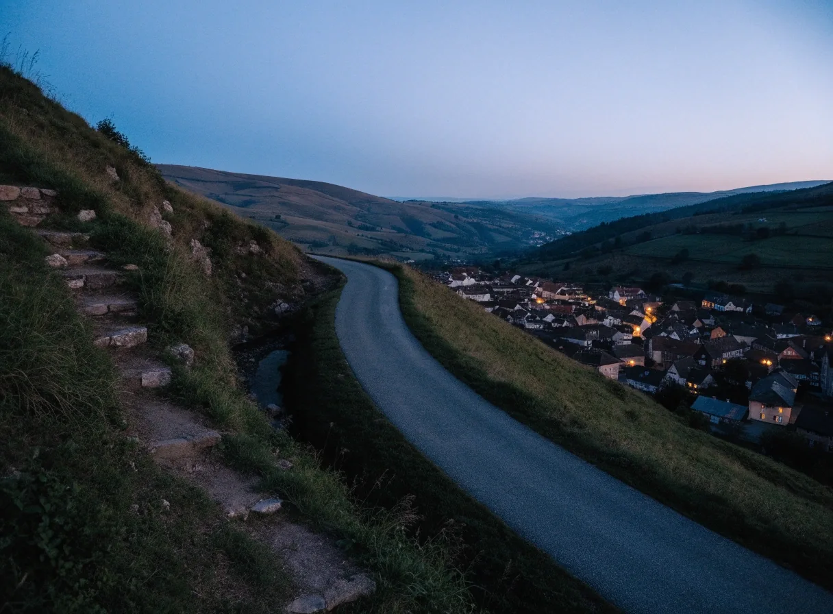 Abendblick auf einen kleinen Ort in Österreich von einem Höhenweg aus