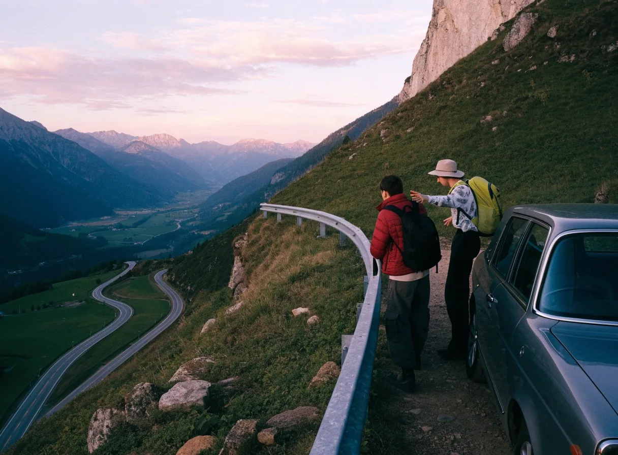 Autofahrerin prüft am Alpenpass eine Route auf dem Handy, Passagiere deuten ins Tal