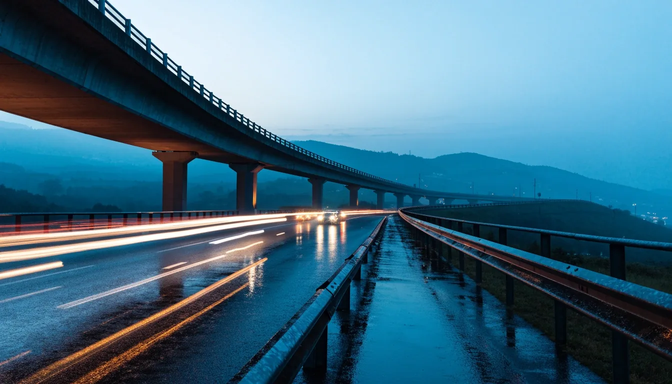 Nasse Autobahnbrücke in Österreich in der Abenddämmerung mit Lichtspuren