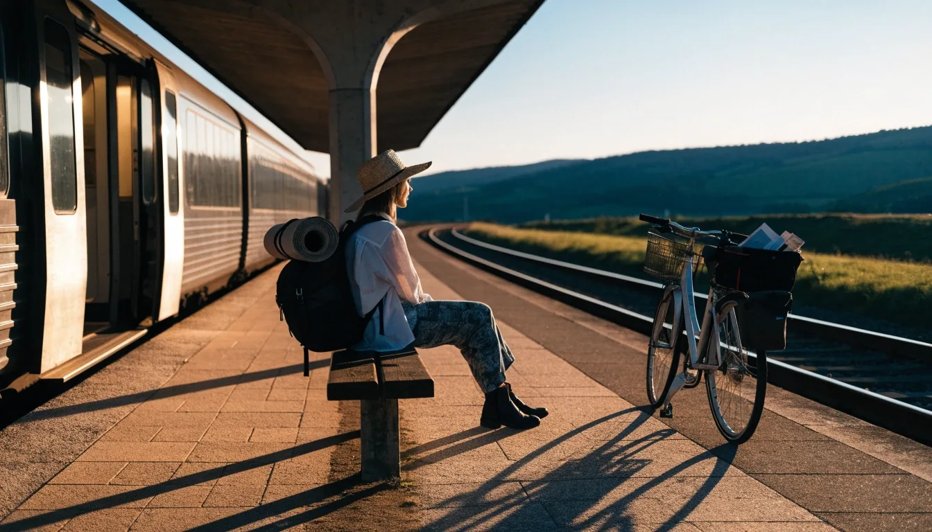 Reisende mit Fahrrad auf dem Bahnsteig einer österreichischen Regionalbahnstation