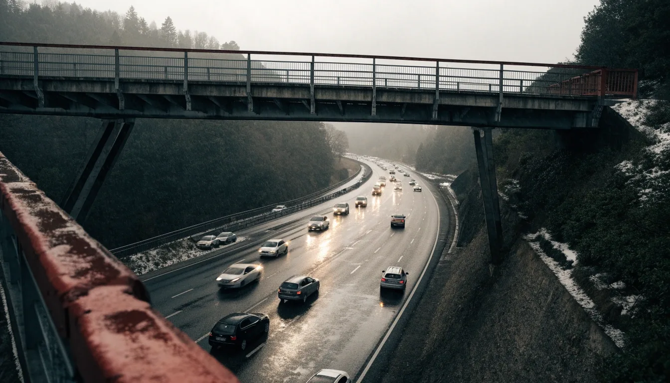 Autobahn in Österreich an einem grauen Wintertag, stockender Verkehr von einer Brücke aus gesehen
