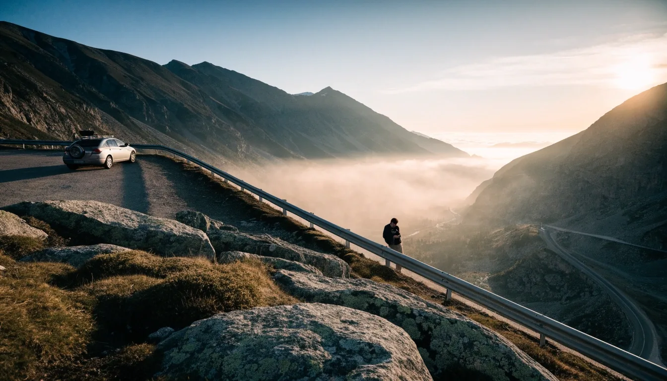 Bergpass in den österreichischen Alpen im ersten Morgenlicht, eine Person hält eine gefaltete Karte