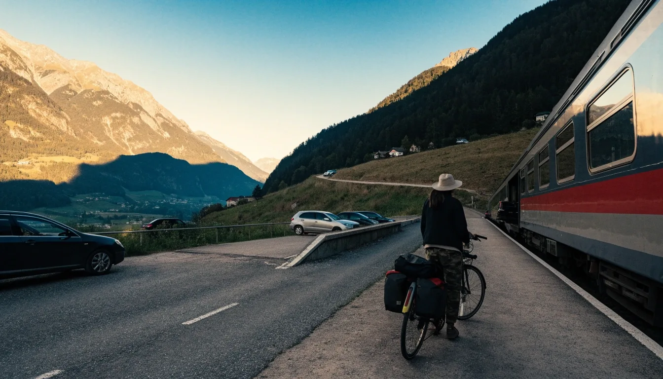 Radfahrerin mit Gepäcktaschen auf einem kleinen Bahnsteig im Tal, Berge im Hintergrund