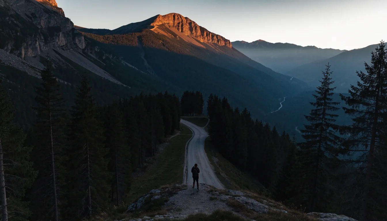 Ruhiges Alpental in Österreich im letzten Licht, eine schmale Straße zieht durch das Tal