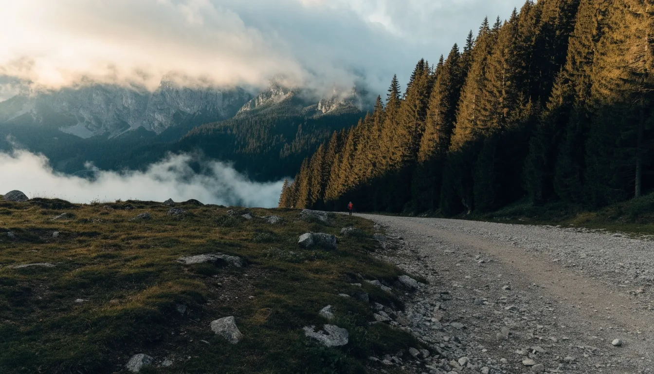 Schmaler Schotterweg durch einen österreichischen Bergwald, Wanderin in der Ferne
