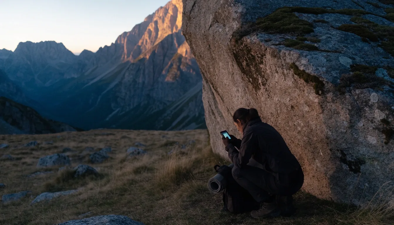 Wanderin prüft im letzten Licht des Tals ein kleines Handgerät, daneben eine beschwerte Papierkarte