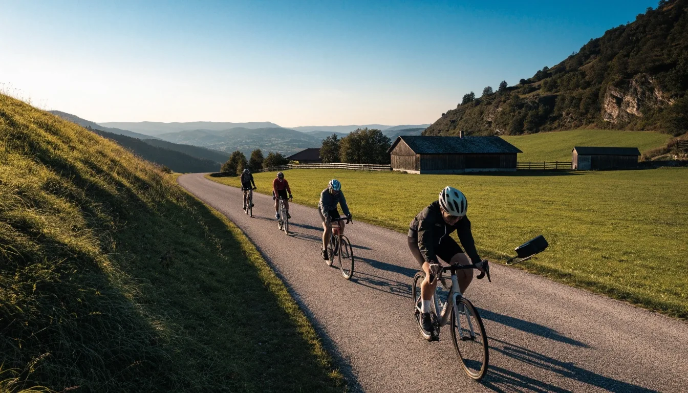 Radgruppe auf einer Landstraße im österreichischen Alpenvorland während einer Tour