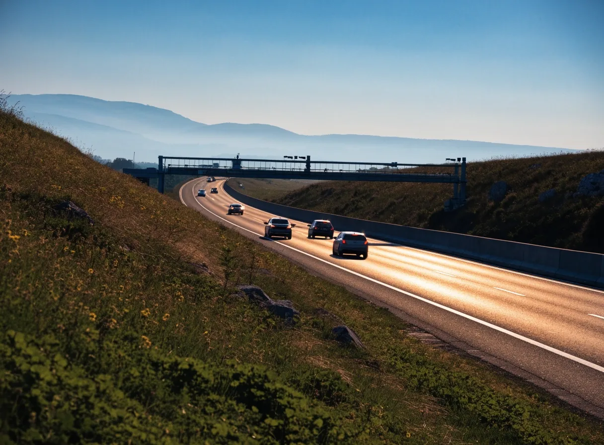 Autobahn in Österreich mit mehreren Fahrspuren und Mautportal im Nachmittagslicht