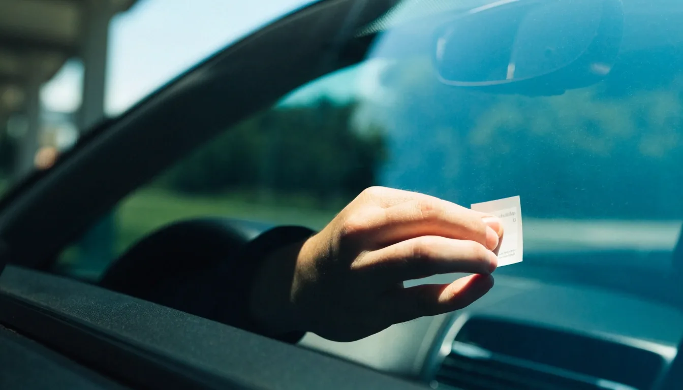 Hand bringt eine Vignette an der Windschutzscheibe eines Autos an
