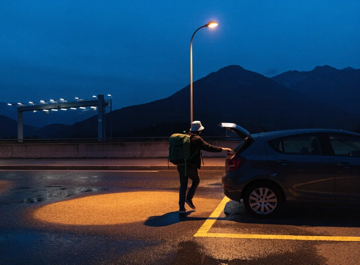 Rastplatz an einer österreichischen Mautstraße am Abend mit geparktem Auto und Laternenlicht