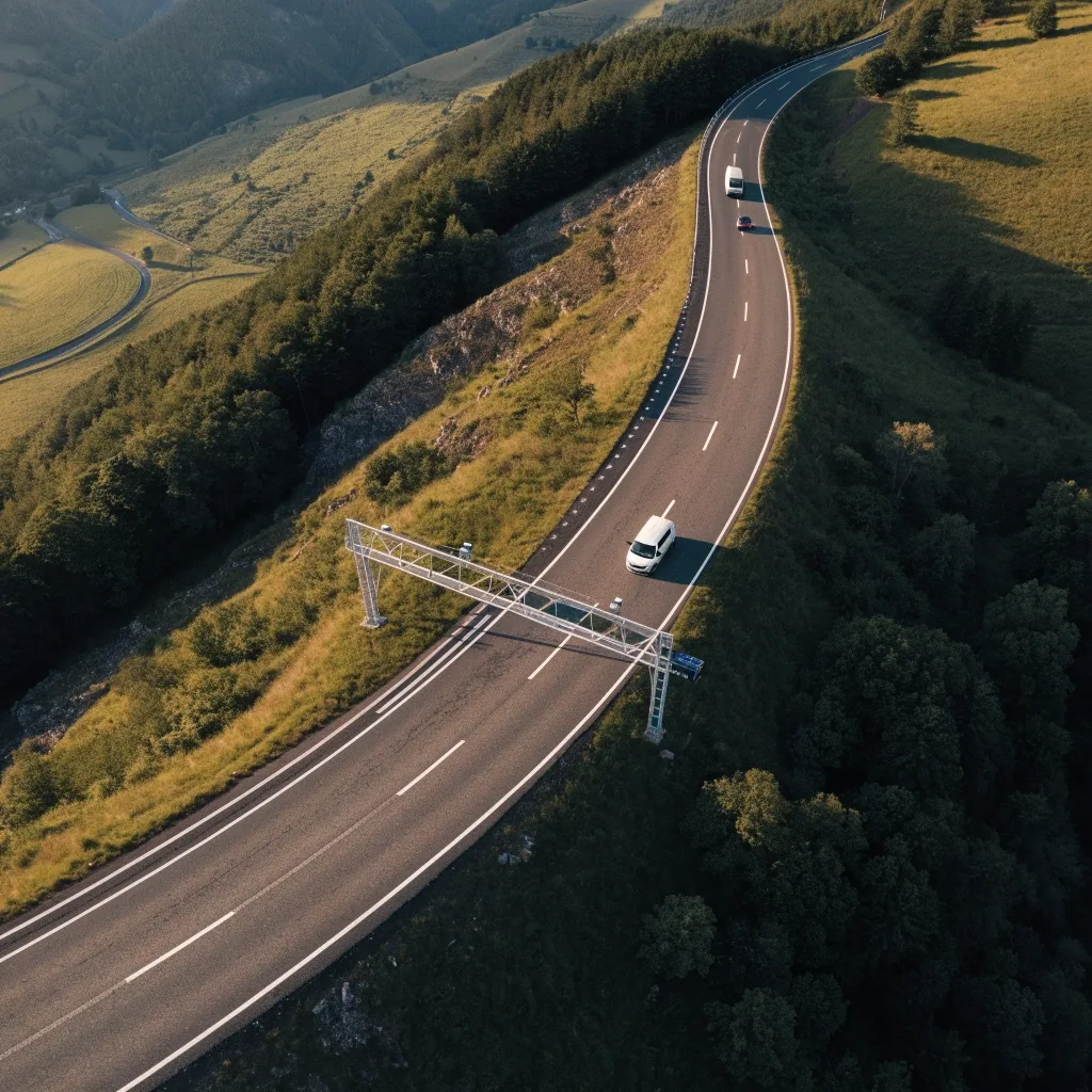 Schnellstraße in Österreich mit Mautportal und Fahrzeugen vor grünen Hügeln