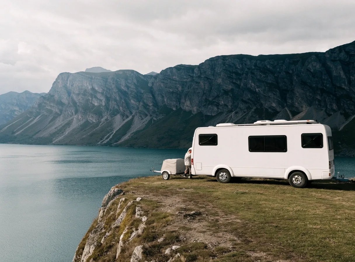 Wohnmobil an einem Aussichtspunkt in den Alpen mit Blick auf Berge und See
